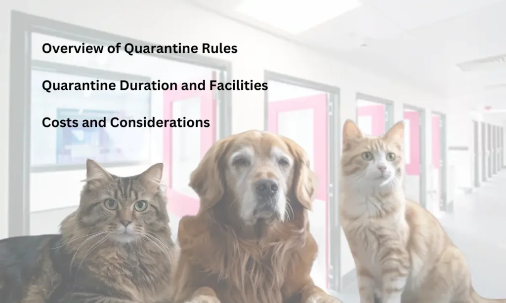 A dog flanked by two cats with pet quarantine rooms in the background and text outlining subheadings for understanding pet quarantine.