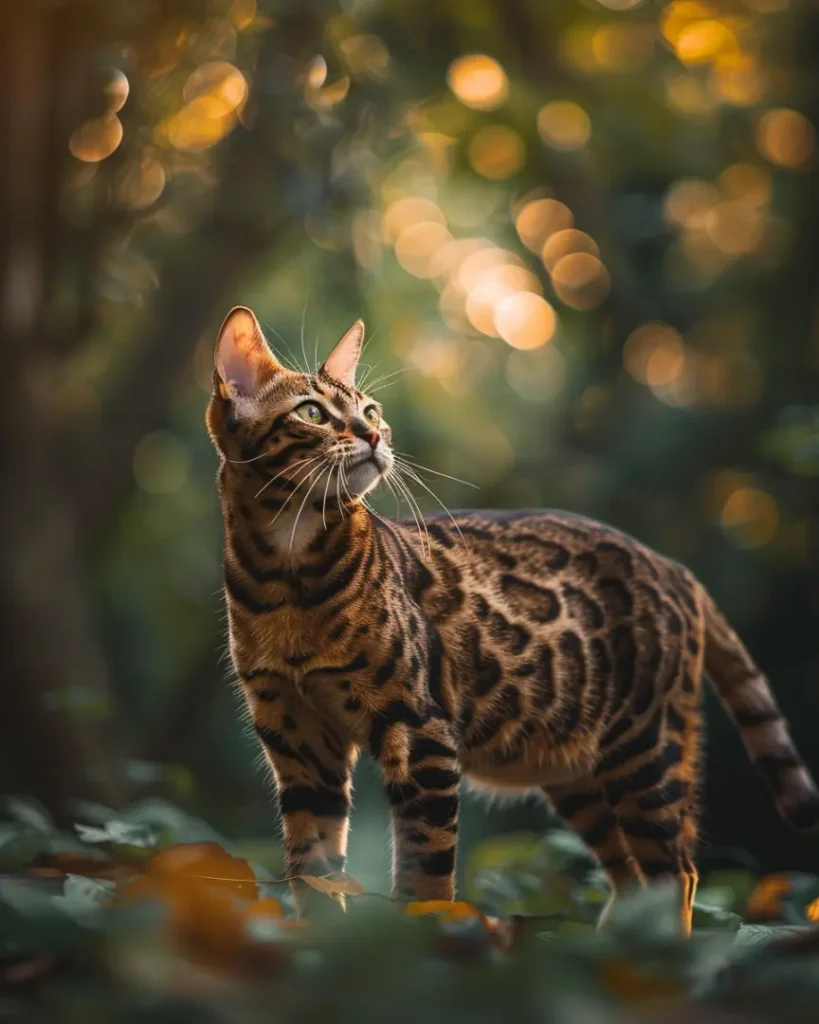 A Bengal Cat walking among trees in a park.