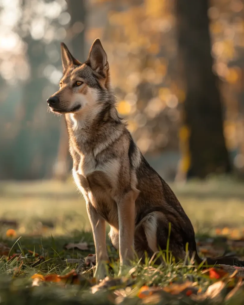 A Czechoslovakian Wolfdog sitting in a park.