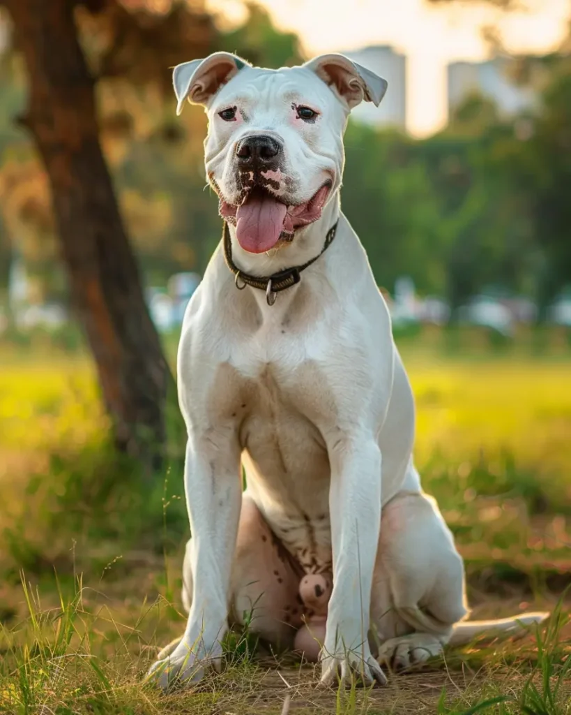 A Dogo Argentina sitting in a park.