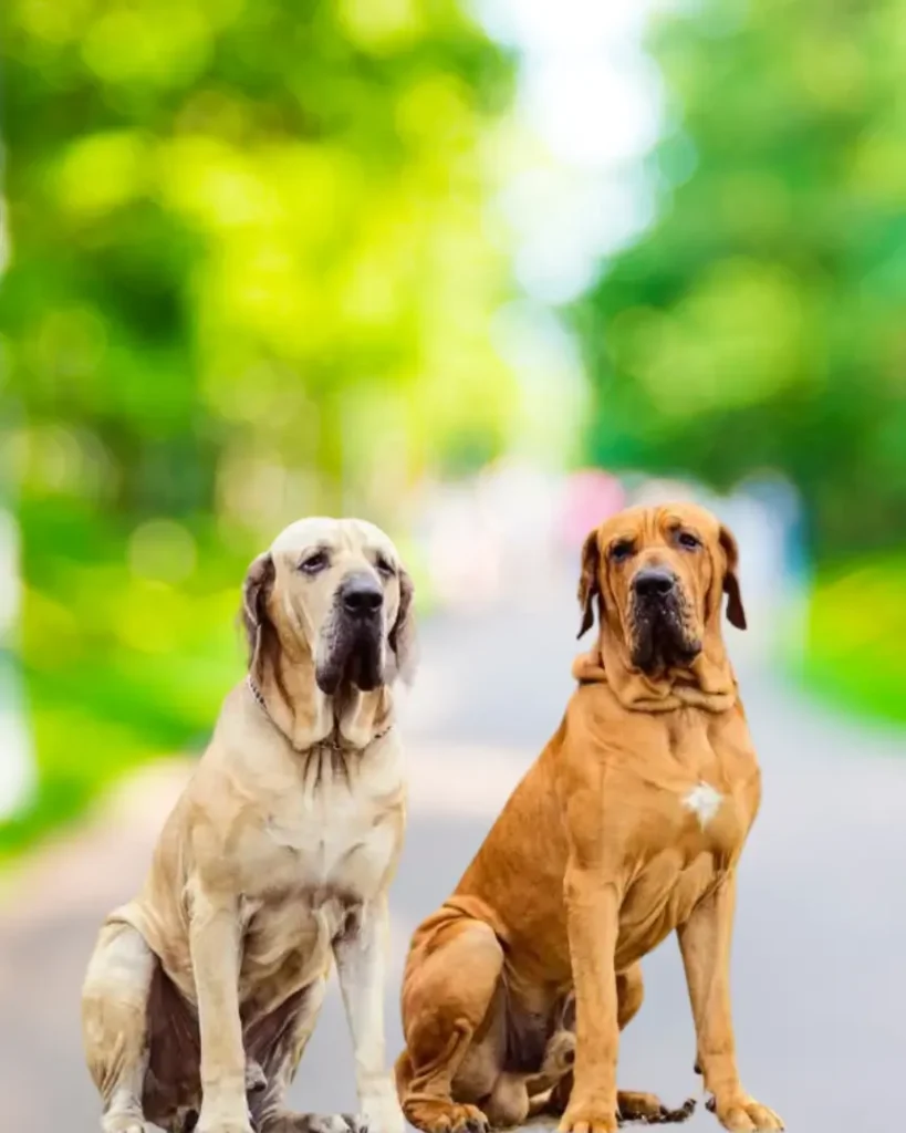 Two Fila Brasileiro dogs sitting together.
