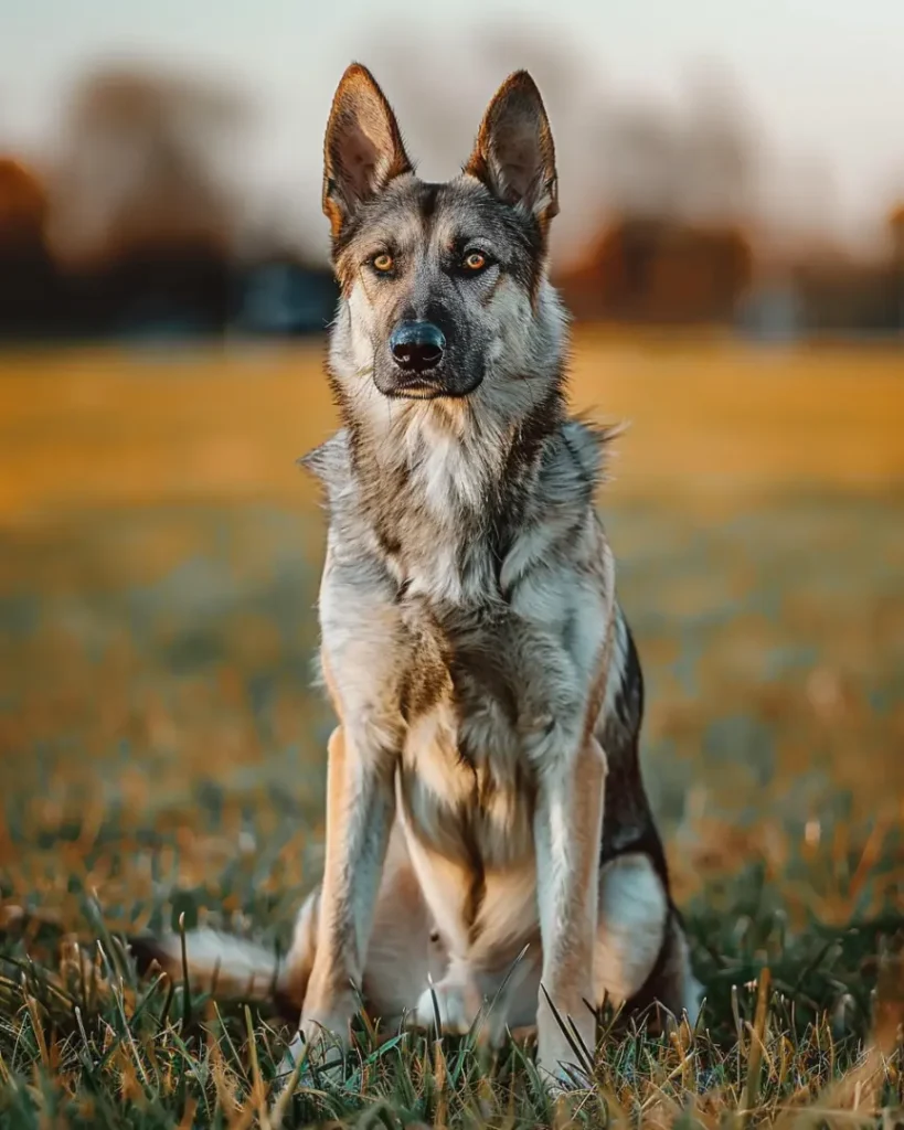 An Italian Wolfdog sitting in a park. 