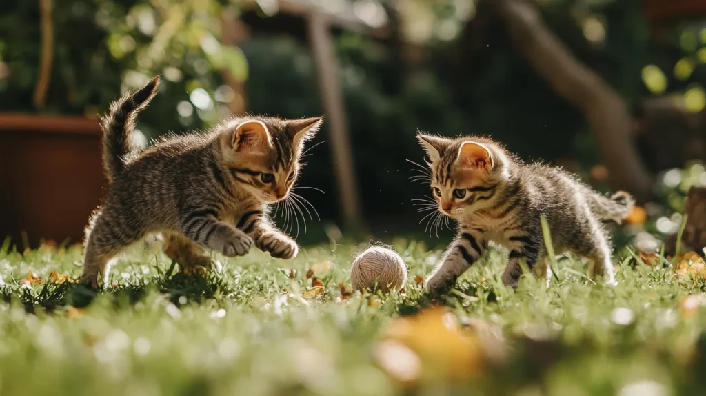 Kittens playing with a ball of yarn in a garden.