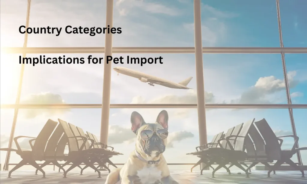 A French Bulldog wearing sunglasses in the airport lounge with a plane flying in the background and text outlining subheadings for pet import country categories.