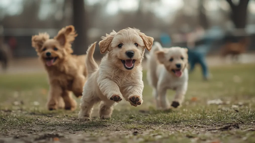 Puppies running and playing in a dog park.