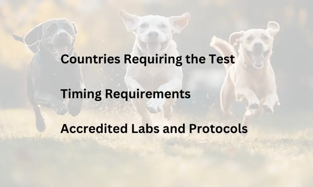Three dogs running in the park with text outlining the subheadings for rabies titre test requirements.