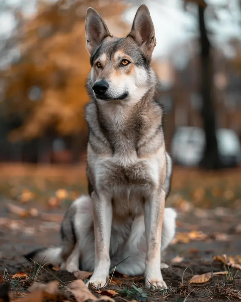 A Saarloos Wolfdog sitting in a park.