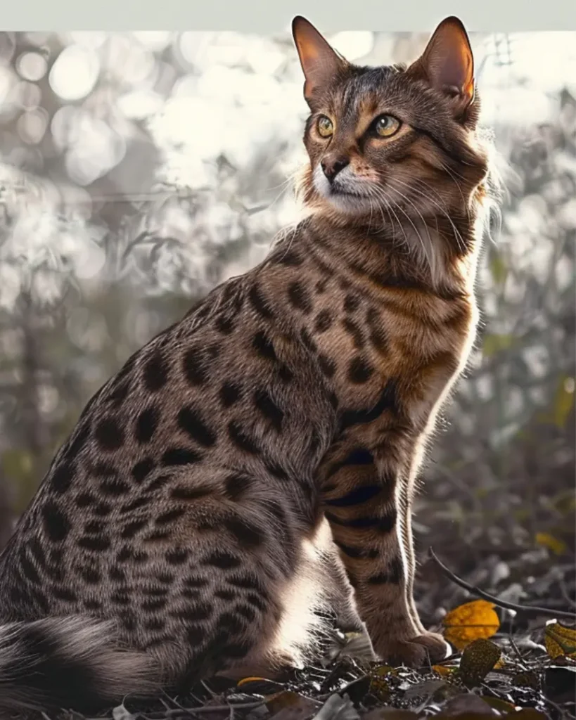 A Safari Cat sitting in a park.