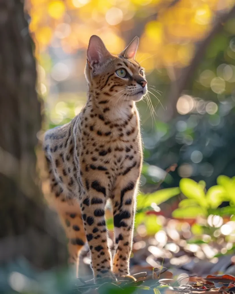 A Savannah Cat walking in a park.