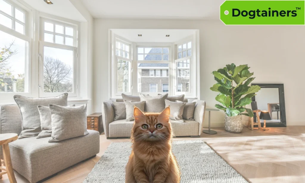 A cat standing in the living room of a new home.