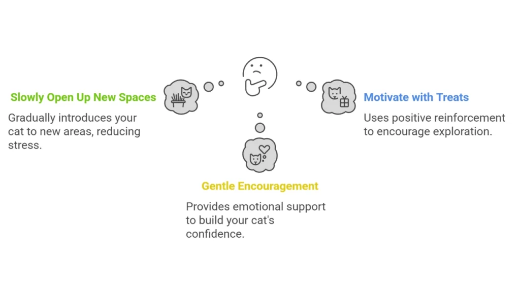 Graphic showing how to gradually introduce your cat to new rooms.