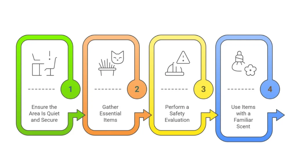 Graphic showing steps to prepare new home for your cat.