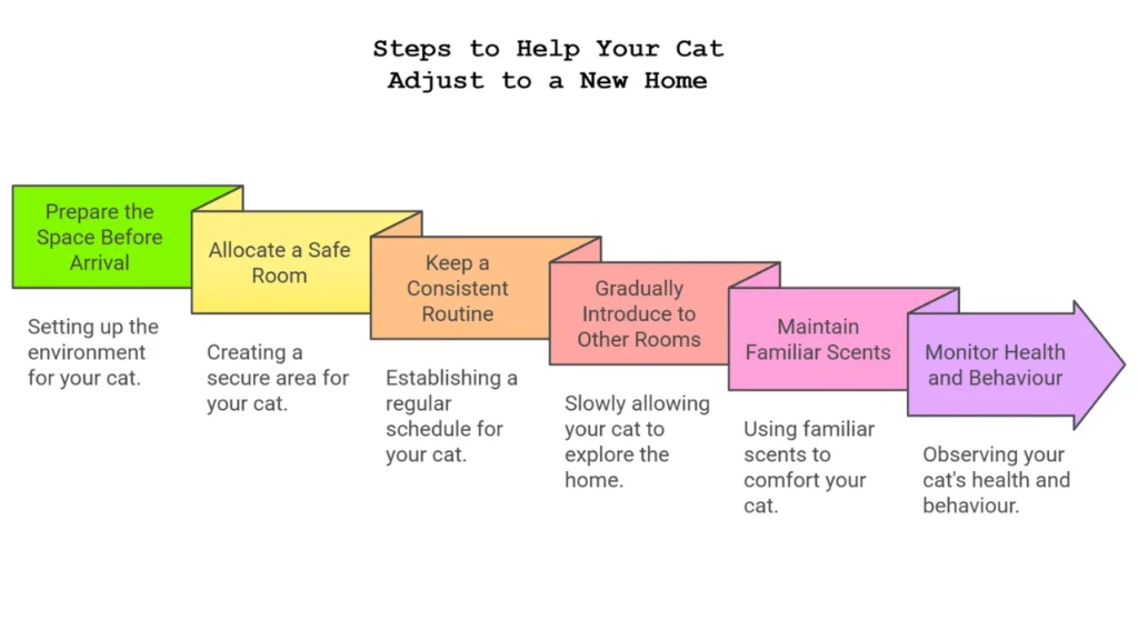 Graphic showing steps to help a cat adjust to new home.