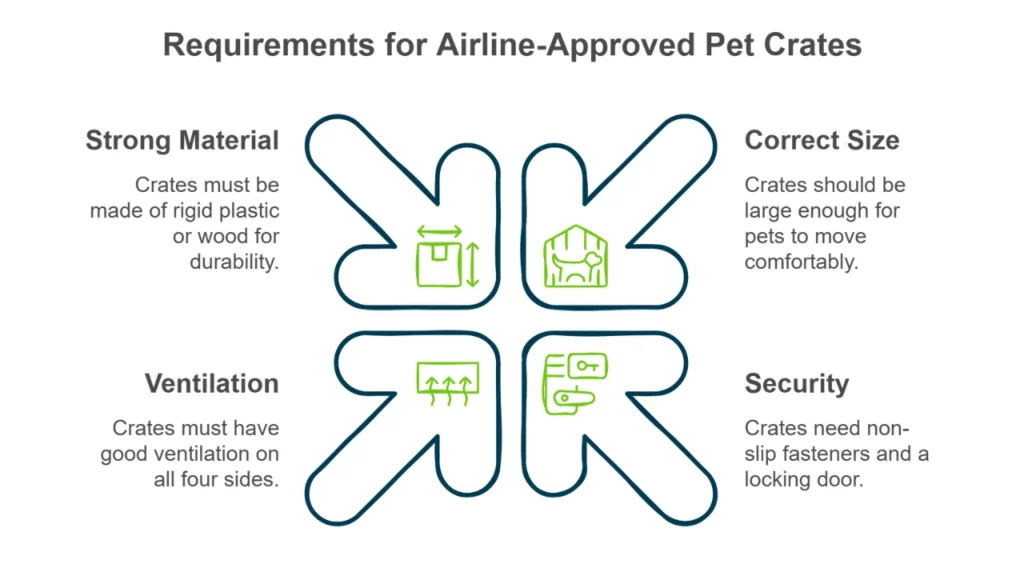 A graphic outlining the requirements for an airline-approved pet crate.