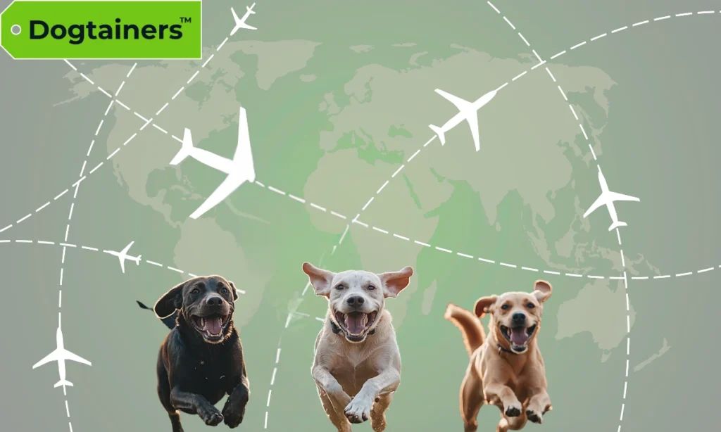 World map showing flight paths with three dogs running towards the viewer to depict international pet transport.