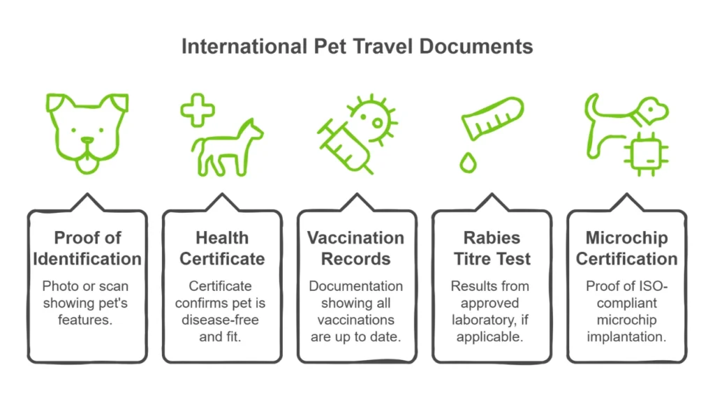 A graphic showing required international pet transport documentation.