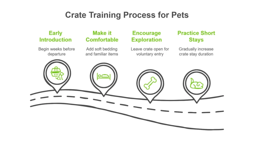 A graphic showing the crate training process for pet transport.