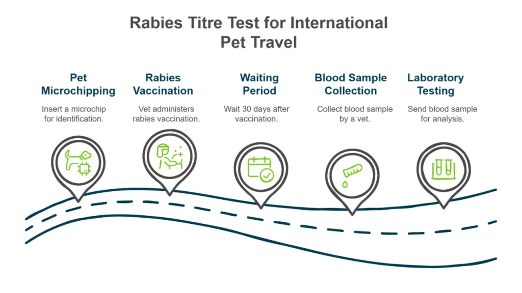 A graphic showing the rabies titre test process for international pet travel.
