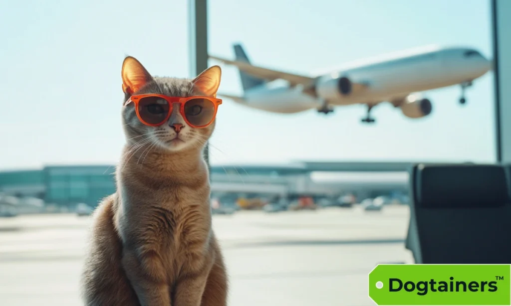 Cat wearing sunglasses sitting in an airport with a plane flying in the background.