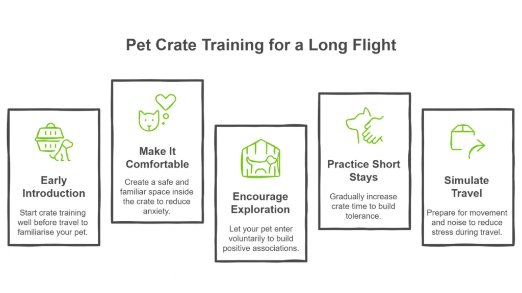 Steps for crate training your pet for a long flight.