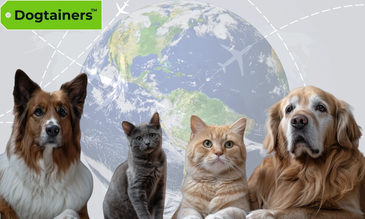 Two cats flanked by two dogs with a faint globe in the background and planes showing a flight path.