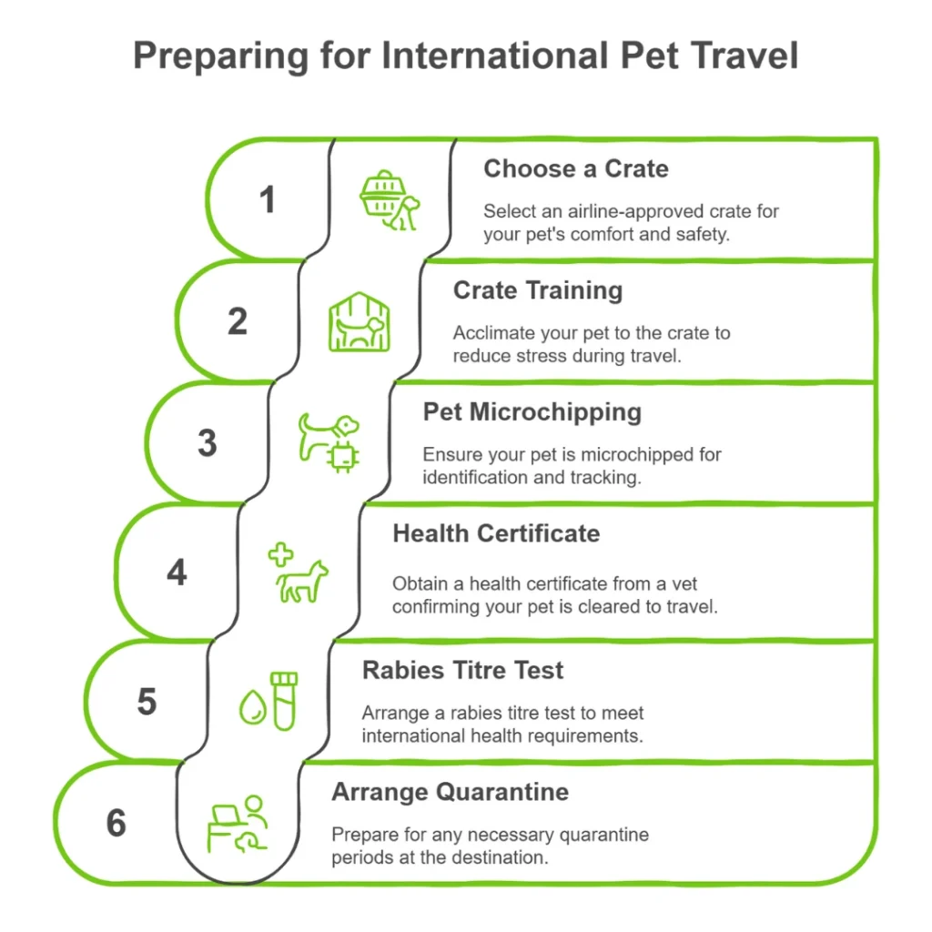 6 steps for preparing your dog or cat for international pet travel.