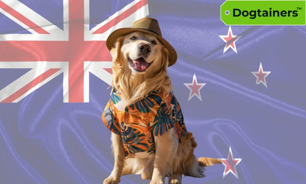 Golden Retriever wearing a fedora hat and colourful shirt standing in front of the New Zealand flag.