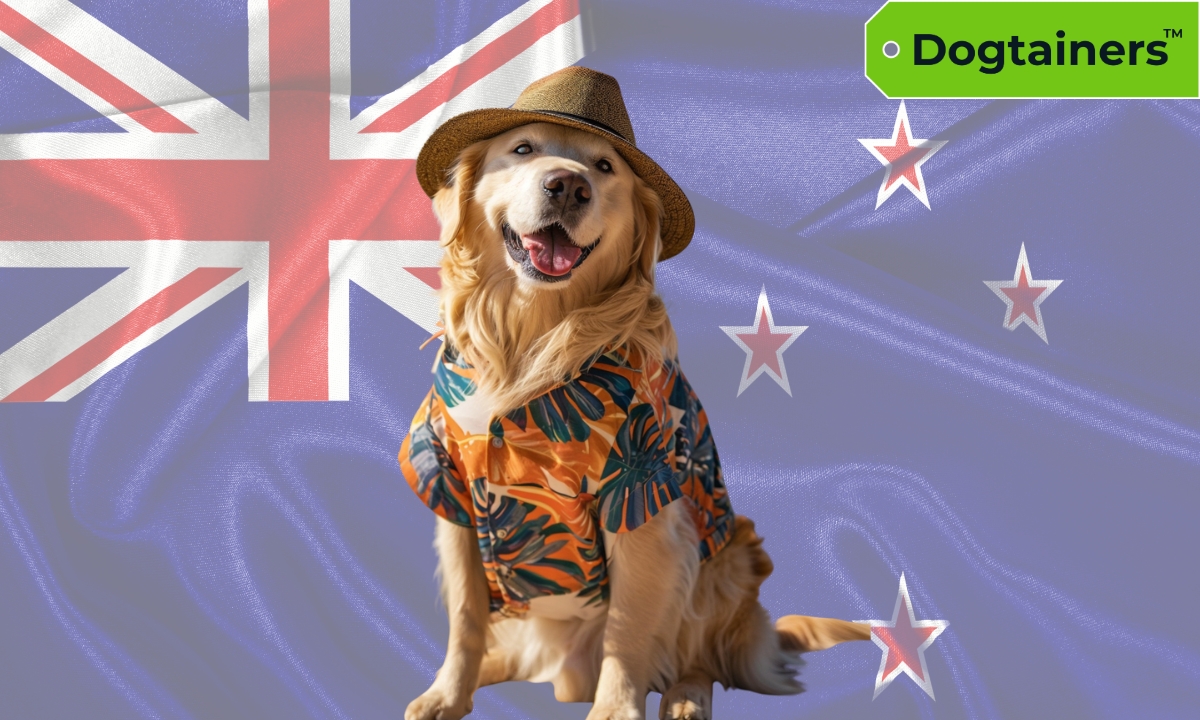 Golden Retriever wearing a fedora hat and colourful shirt standing in front of the New Zealand flag.